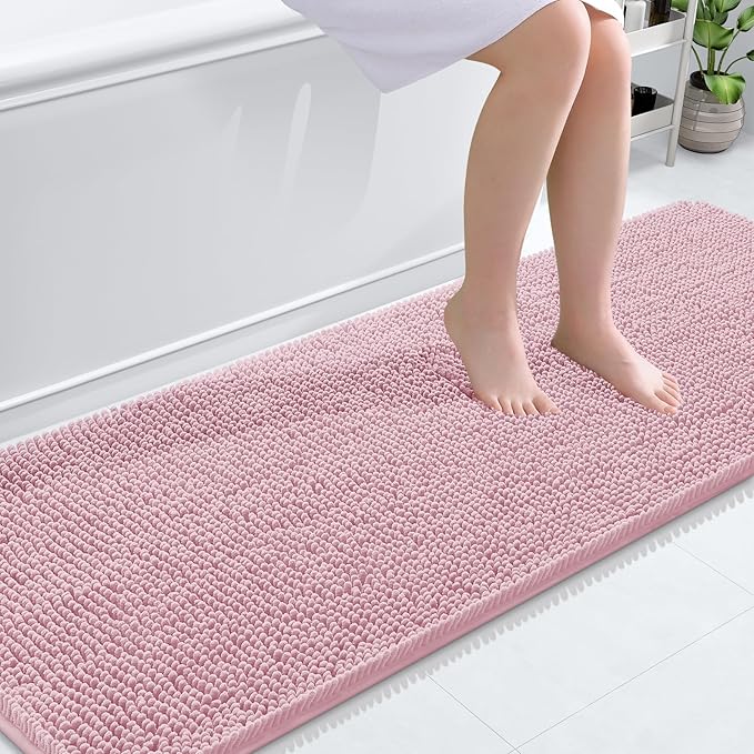 OLANLY Bathroom Rugs 70x24, Extra Soft Absorbent Chenille Bath Rugs, Rubber Backing Quick Dry, Machine Washable Bath Mats for Bathroom Floor, Tub and Shower, Home Decor Accessories, Dusty Rose
