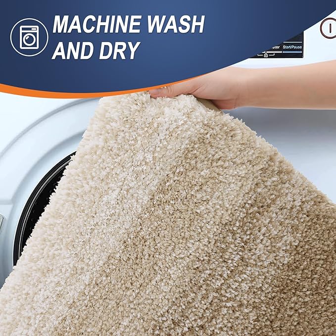 OLANLY Luxury Toilet Rugs U-Shaped 24x20, Extra Soft and Absorbent Microfiber Bathroom Rugs, Non-Slip Plush Shaggy Bath Mat, Machine Wash Dry, Contour Bathroom Mats for Toilet Base, Tan