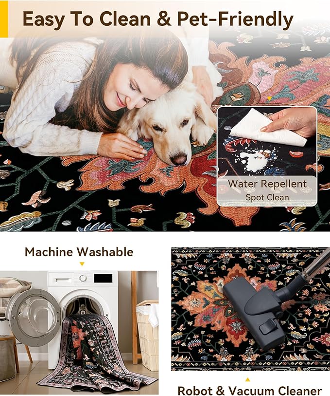 Area Rugs 2'6''x12' Runner Rug Non Slip Washable for Kitchen Hallway Bedroom Beside Laundry Room Bathroom Rug, Floor Carpet, Black Colorful Floral Dark Tan