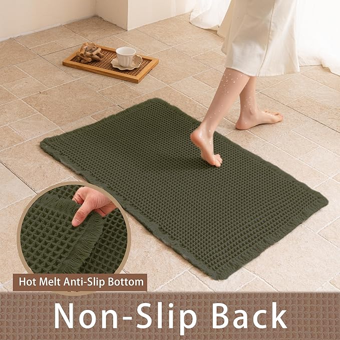 Waffle Runner Rug Non Slip, Boho Bath Mat, Super Absorbent Quick Dry Long Bath Runner Bathroom, Soft Farmhouse Bath Rug with Tassels, Washable Shower Mats for Floor 24"x72", Olive Green