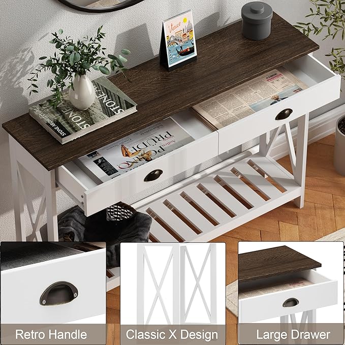 ChooChoo 47" Farmhouse Console Table with Drawer for Entryway, Narrow Long Entry Table with Shelf for Living Room, Rustic Vintage Hallway Sofa Table with Stable X Supports, White