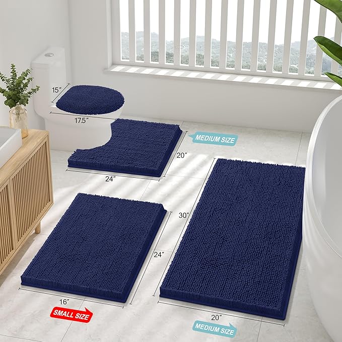 Smiry Luxury Chenille Bathroom Rugs 40x32, Extra Soft and Absorbent Shaggy Bath Mat, Machine Washable, Non-Slip Plush Carpet Runner for Tub, Shower, and Floor, Home Decor Accessories, Navy Blue