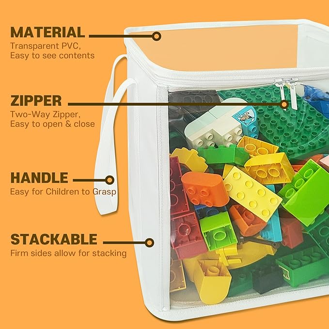 holay 2 Pack Storage Bins PVC Boxes with Transparent Lid & Handles - Durable & Foldable - Multi-Purpose Organizer for Clothes, Books, and More (White, Large)