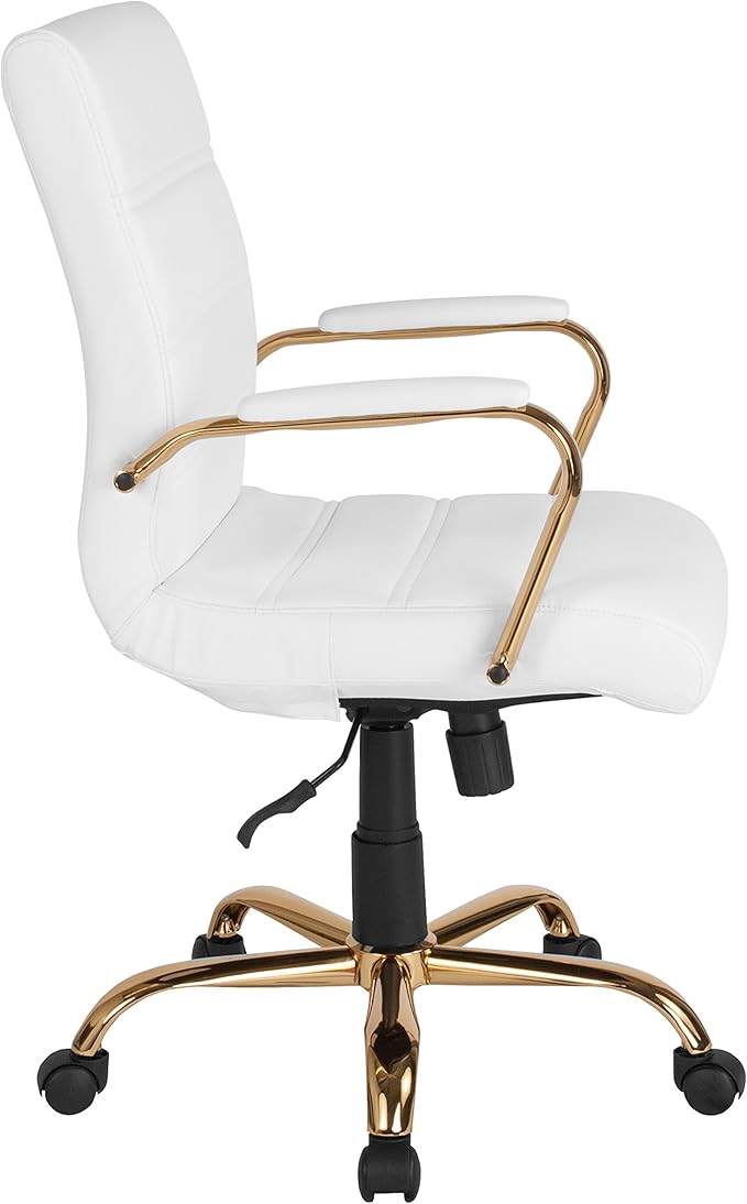 Flash Furniture Whitney Mid-Back Swivel LeatherSoft Desk Chair with Padded Seat and Armrests, Adjustable Height Padded Office Chair, White/Gold