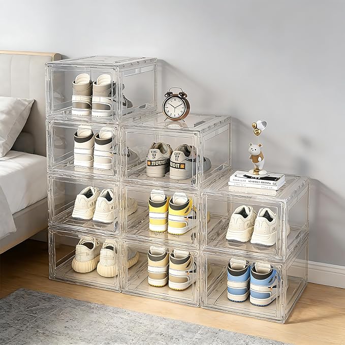 Acrylic Shoe Storage Boxes with Magnetic Door - 360° Clear Stackable Shoe Display Box Set, Plastic Shoe Cabinet Rack Box for Sneakers Heels Shoes (12, Clear, L - Front Open)
