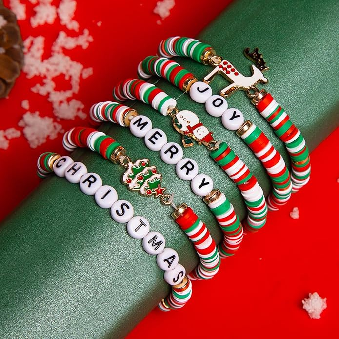 Artlunar 6 Pack Christmas Bracelets: Joy & Merry Candy-Style Stacks for Women & Teens - Perfect Christmas Gifts - Age 3 to Adult
