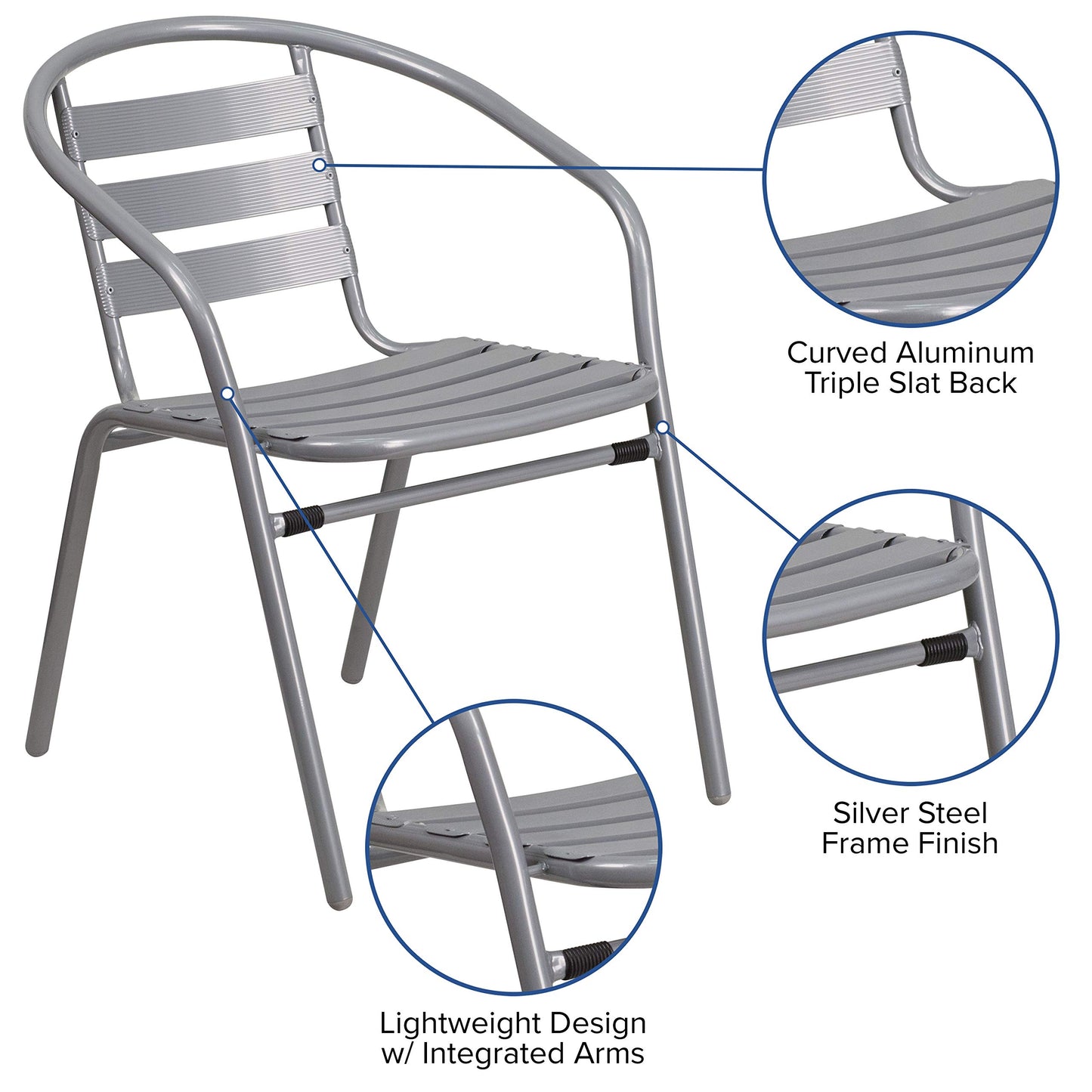Flash Furniture TLH-0732SQ-017CSV4-GG Lila 31.5'' Square Glass Table with 4 Metal Aluminum Slat Stack Chairs, Silver