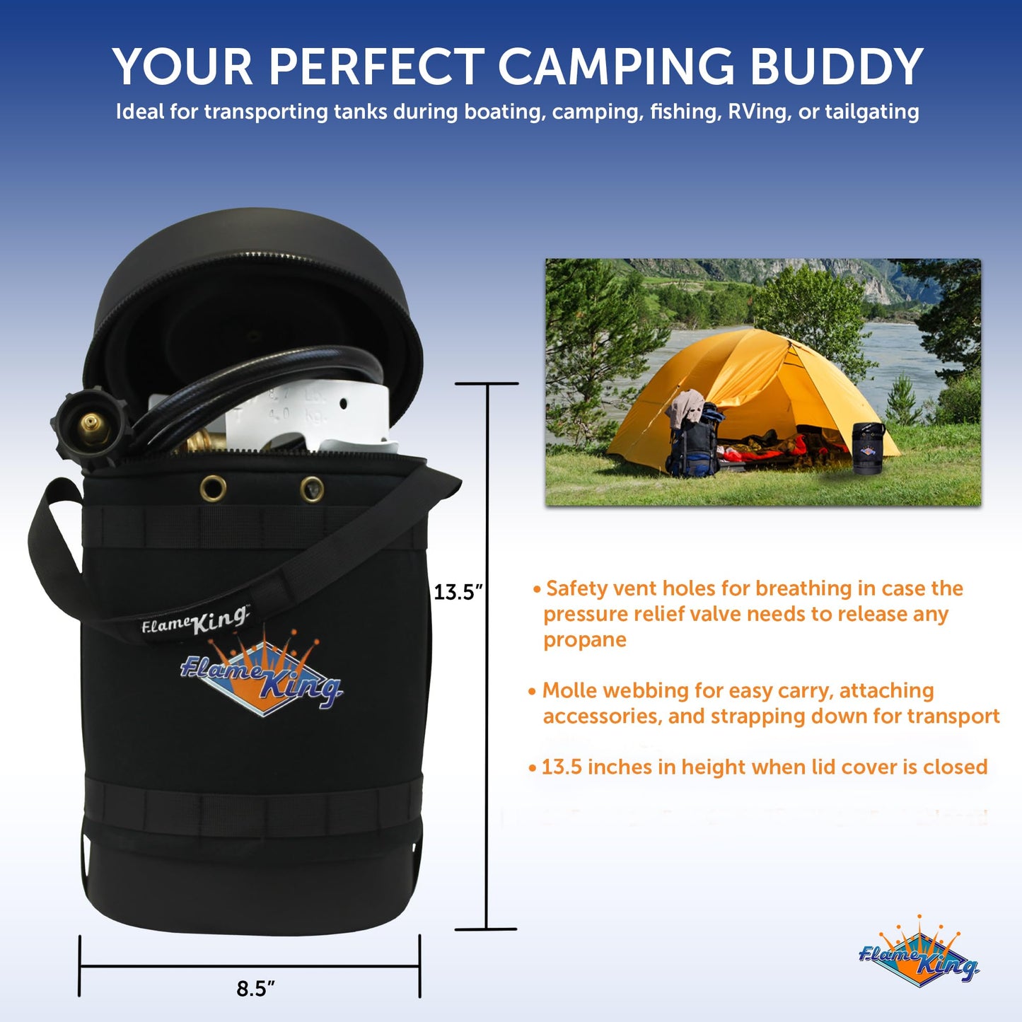 Flame King Gas Hauler Kit - Insulated Protective Carry Case, 5LB Propane Tank and Adapter Hose for Camping and Outdoor Adventures, Black/White