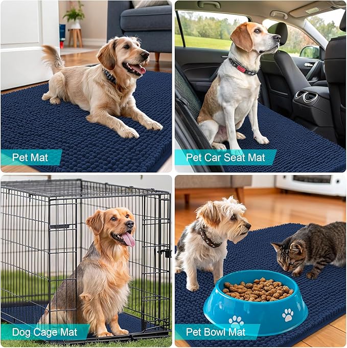 OLANLY Dog Door Mat for Muddy Paws 30x17, Absorbs Moisture and Dirt, Absorbent Non-Slip Washable Doormat, Quick Dry Chenille Mud Mat for Dogs, Entry Indoor Entryway Carpet for Inside Floor, Dark Blue