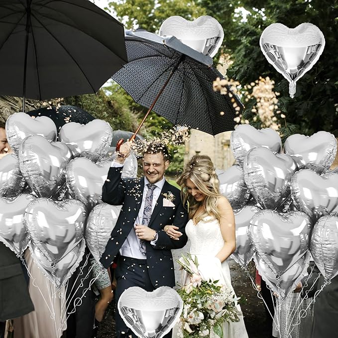 Silver Heart Foil Balloons, 10PCS 18Inch Mylar Balloons for Birthday, Valentine, Wedding, Baby, Graduation, New Year Party Decor