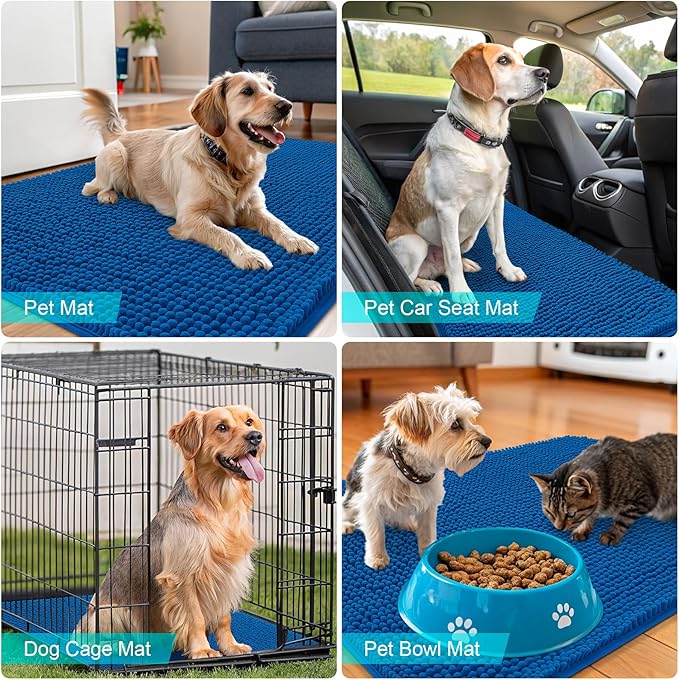 OLANLY Dog Door Mat for Muddy Paws 47x20, Absorbs Moisture and Dirt, Absorbent Non-Slip Washable Doormat, Quick Dry Chenille Mud Mat, Entry Indoor Entryway Carpet for Inside Floor, Deep Navy Blue