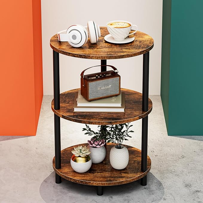 Small Round Side Table - 3-Tier Oval Accent Table for Small Spaces, Rustic Wood and Metal Couch End Table, Nightstand for Bedroom or End Table Living Room, Easy to Assemble, Rustic Brown