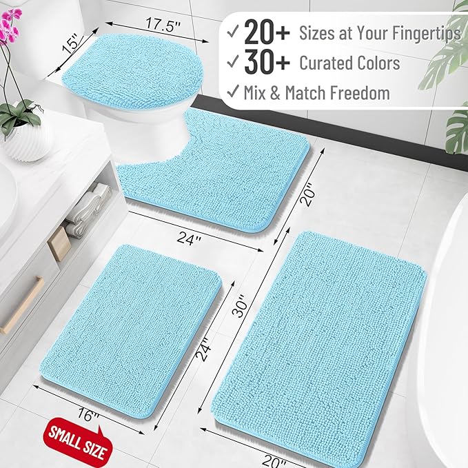 OLANLY Bathroom Rugs 24x16, Extra Soft Absorbent Chenille Bath Rugs, Rubber Backing Quick Dry, Machine Washable Bath Mats for Bathroom Floor, Tub and Shower, Home Decor Accessories, Sky Blue