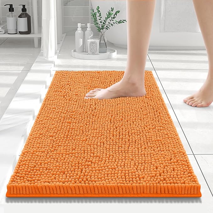 Smiry Luxury Chenille Bathroom Rugs 24x16, Extra Soft and Absorbent Shaggy Bath Mat, Machine Washable, Non-Slip Plush Carpet Runner for Tub, Shower, and Floor, Home Decor Accessories, Orange