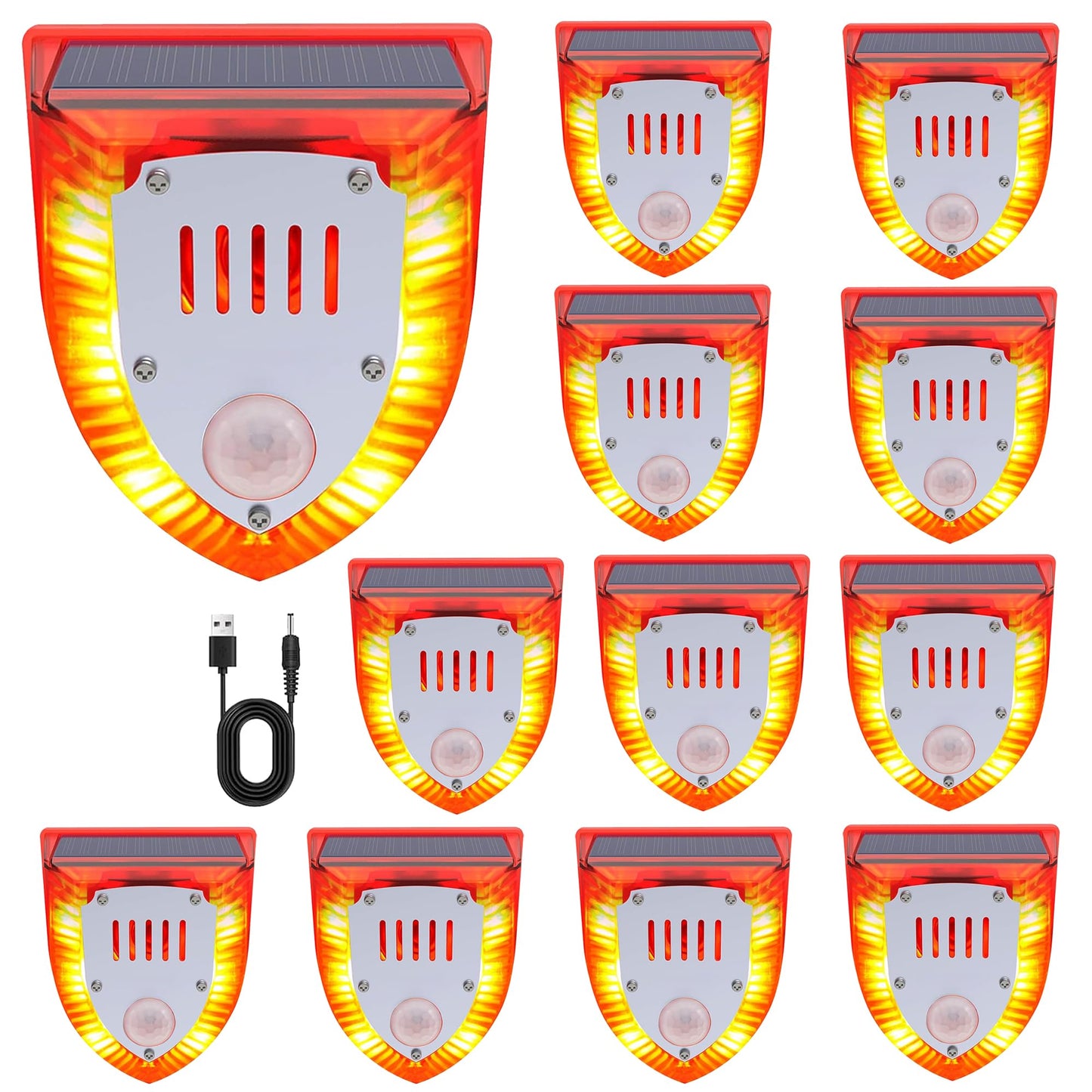 QXMH Solar Outdoor Motion Sensor Alarm: 129db Dog Barking & Gunshot Sound,Loud Motion Detector Noise Maker,Barking Dog Alarm Strobe Light Warning Lamp for Home Yard Barn