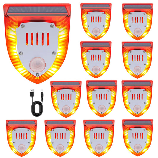 QXMH Solar Outdoor Motion Sensor Alarm: 129db Dog Barking & Gunshot Sound,Loud Motion Detector Noise Maker,Barking Dog Alarm Strobe Light Warning Lamp for Home Yard Barn