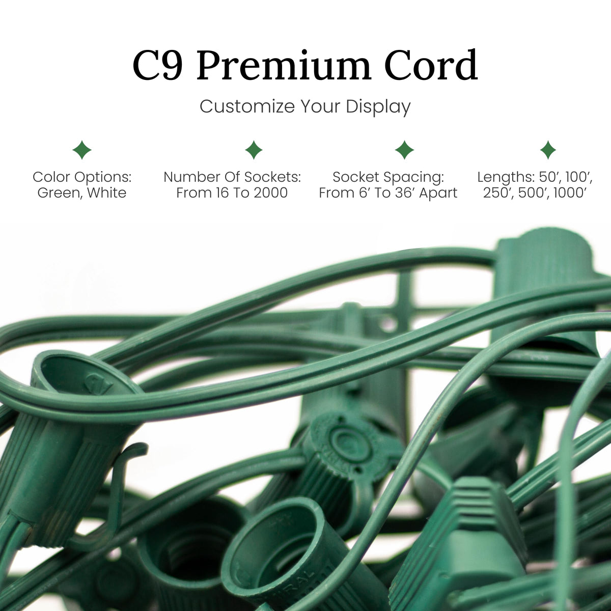 Christmas Designers Pro Christmas C9 Light Cord - 500 ft Spool, 500 Bulb Sockets, 12” Spacing, Green Wire