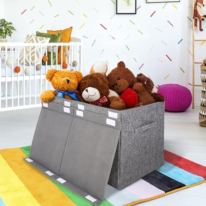 popoly 2 Pack Large Toy Box Chest with Lid, Collapsible Sturdy Toy Storage Organizer Boxes Bins Baskets for Kids, Boys, Girls, Nursery, Playroom, 25"x13" x16" (Linen Gray)