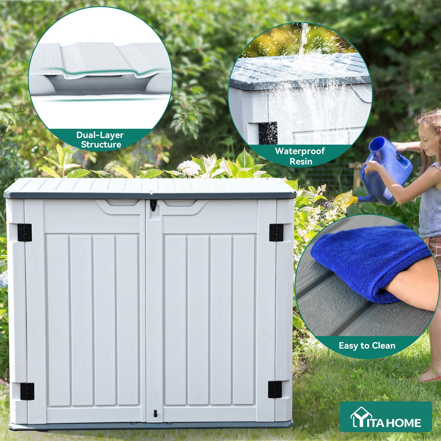YITAHOME Outdoor Horizontal Storage Sheds w/o Shelf, 35 Cu Ft Lockable Resin Waterproof Shed, Ideal for Garden Tools, Easy to Assemble, Light Gray