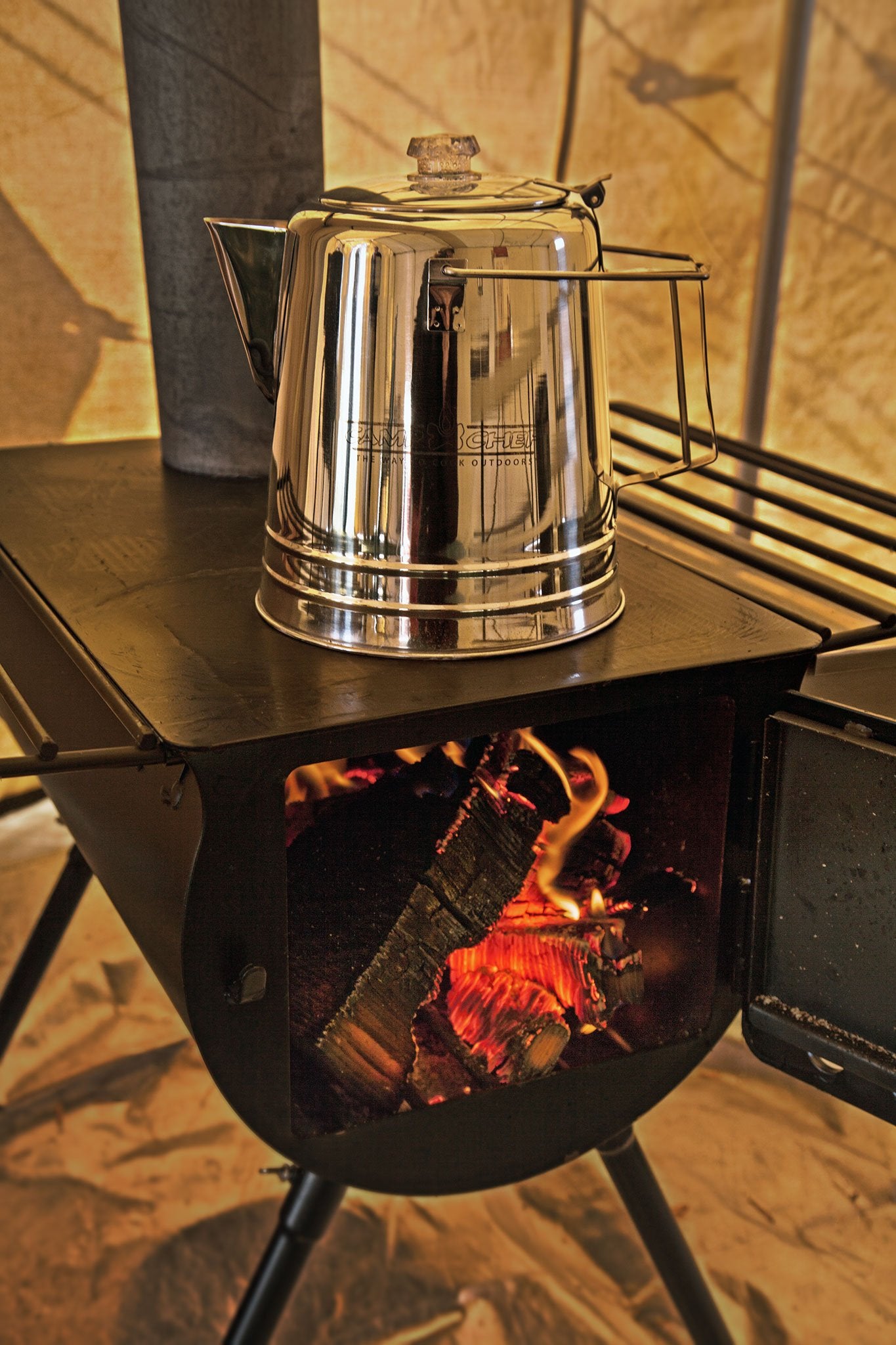 Camp Chef Alpine CS14 Heavy Duty Cylinder Tent Cabin Stove with damper and side shelves