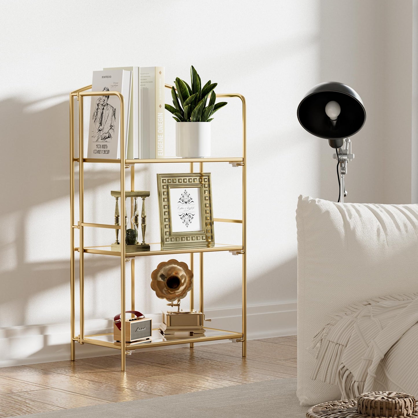 Crofy No Assembly Folding Bookshelf for Living Room, 3 Tier Gold Collapsible Book Shelf for Home Office, Portable Bookcase Storage Organizer