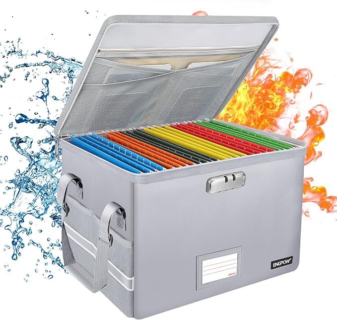 ENGPOW File Box with Lock, Fireproof Document Box with Zipper＆Pockets, Collapsible File Organizer Filing Storage Cabinet with Handle, Portable Home Office Safe for Hanging Letter/Legal Folder,Silver