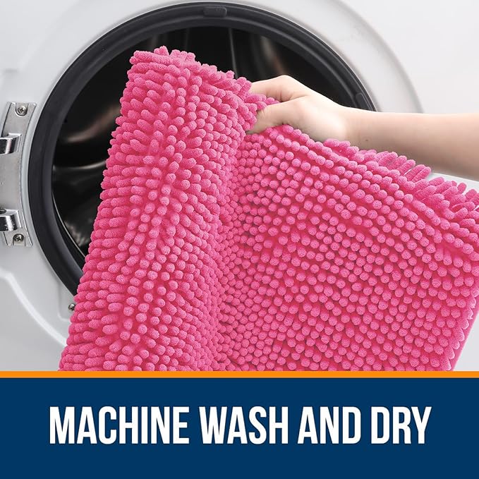 OLANLY Bathroom Rugs 44x24, Extra Soft Absorbent Chenille Bath Rugs, Rubber Backing Quick Dry, Machine Washable Bath Mats for Bathroom Floor, Tub and Shower, Home Decor Accessories, Hot Pink