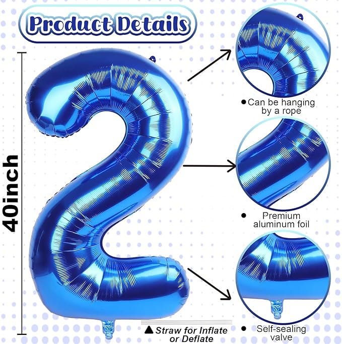 40 Inch Balloon Number 2 Navy Blue, Large Foil Dark Royal Blue Number Balloons Set 0-9, Self Inflating Digital 2 Helium Balloons for Boys 2nd Birthday Anniversary Baby Shower Party Decorations