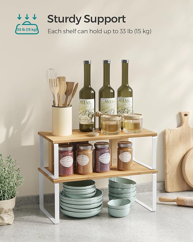 SONGMICS Cabinet Organizer Shelf, Set of 2 Kitchen Counter Shelves, Kitchen Storage, Spice Rack, Stackable, Expandable, Metal and Engineered Wood, Cloud White and Natural Beige UKCS200W01