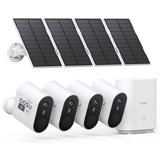 aosu 3K/5MP Security Cameras Outdoor Wireless Home Surveillance System, Solar Powered, 166° Ultra-Wide-Angle, HD Color Night Vision, Spotlight & Siren Alarm, Motion Alert, Easy Setup, 4-Cam-Kit