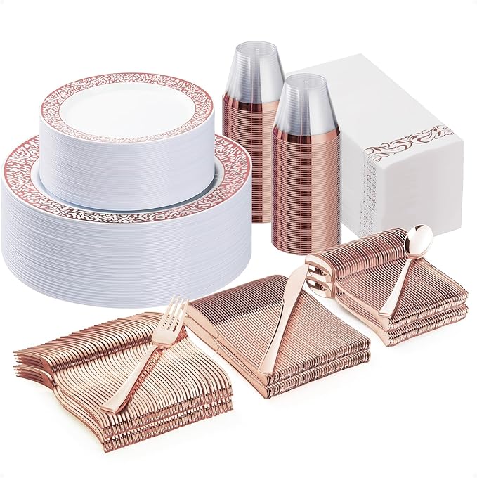 350PCS Rose Gold Plastic Dinnerware Set for 50 Guests, Disposable Plates for Party, Wedding, Include 50 Rose Gold Dinner Plates, 50 Dessert Plates, 50 Set Silverware, 50 Cups, 50 Napkins