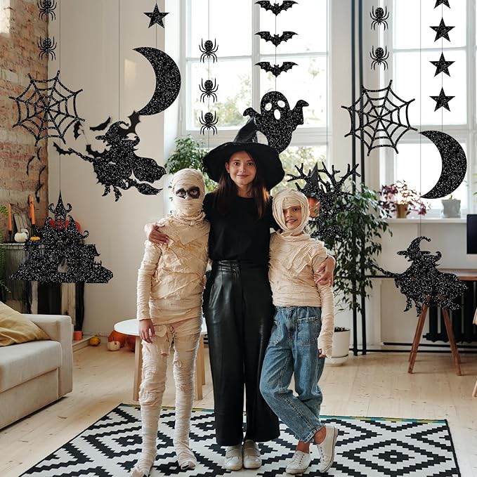 Halloween Black Creepy Vintage Party Decorations - 12Pcs Hanging Streamers Garland,Bat Witch Spider Swirl Ceiling Outdoor Indoor Wall Decor Party Props,Porch Room Scary Supplies Hugtmr