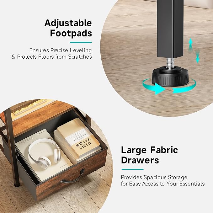 Night Stand Bedside Table Bedroom - Nightstand with Charging Station, Night Stand with LED Light Strip, End Table with U-S-B Ports & AC Outlets, Storage Shelf & 2 Fabric Drawers, Rustic Brown