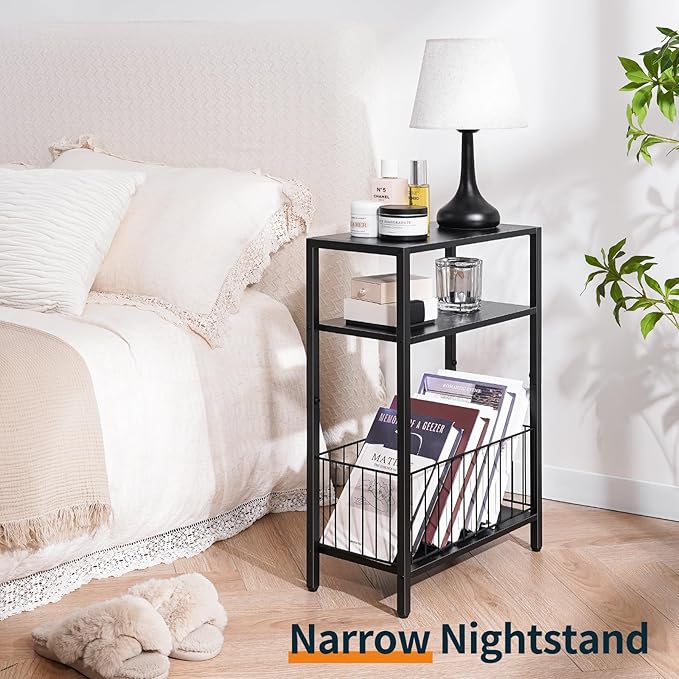 Yoobure Narrow Side Table with Storage Basket, Small End Table for Small Spaces, Skinny Side Tables Living Room Bedroom Office, Slim Nightstand 3 Tier Bedside Table Space-Saving for Magazine, Black