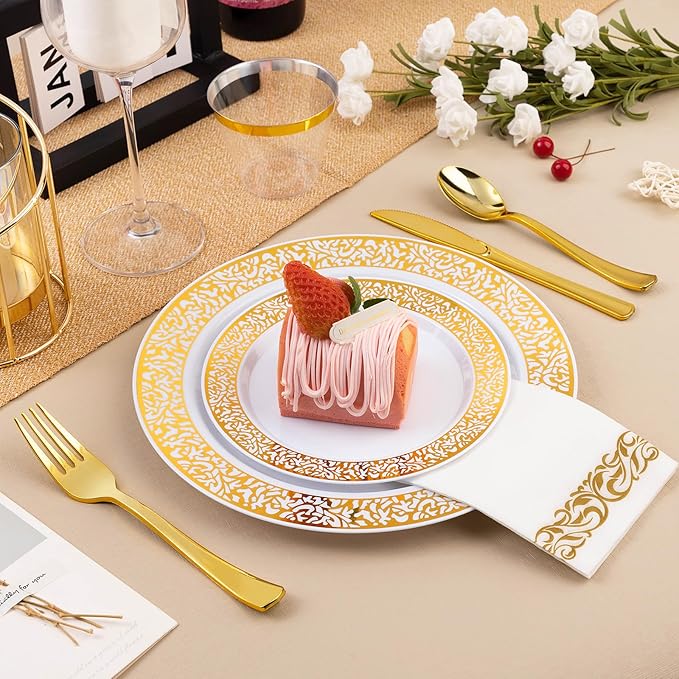 700PCS Gold Plastic Dinnerware Set for 100 Guests, Disposable Plates for Party, Include 100 Gold Dinner Plates, 100 Dessert Plates, 100 Set Silverware, 100 Cups, 100 Napkins