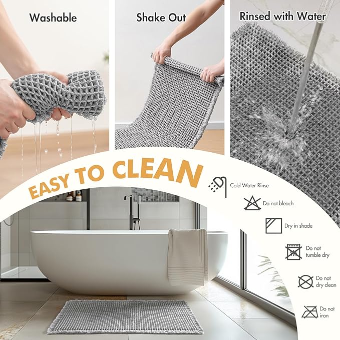 MIULEE Set of 2 Waffle Bathroom Rugs, Boho Bath Rugs Non Slip Washable, Super Absorbent Bath Mats, Ultra Soft Rubber Backed Shower Mats for Bathroom Floor, Tub and Shower, Light Grey, 17x24 Inch