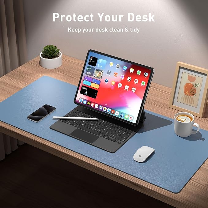 Aothia Leather Desk Pad Protector, Large Mouse Pad, Office Desk Mat, Non-Slip PU Leather Desk Blotter, Laptop Desk Pad, Waterproof Desk Writing Pad for Office and Home (Denim Blue, 23.6" x 13.7")