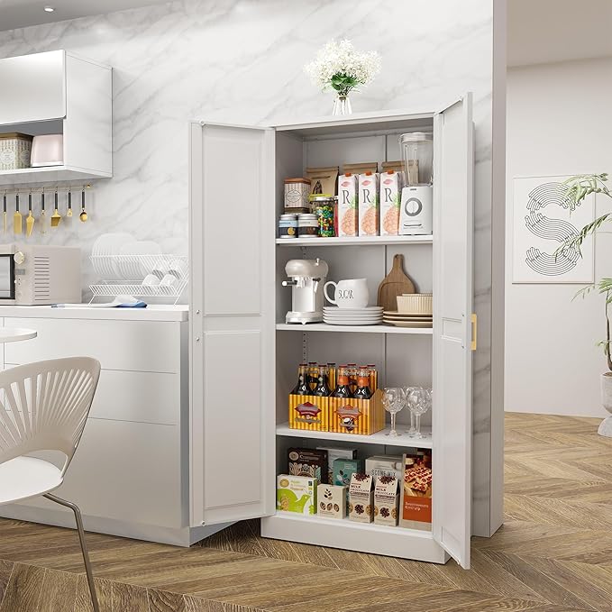 60" Tall Kitchen Pantry Storage Cabinet with Doors and 3 Shelves, Metal Storage Cabinets, White Kitchen Cupboard with Gold Handles, Utility Large Food Cabinet for Pantry, Living Room, Dining