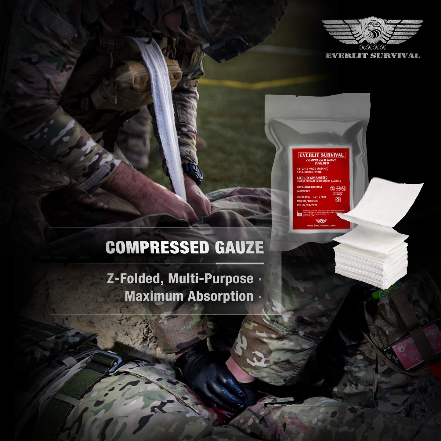 EVERLIT Advanced Emergency Trauma Kit, CAT GEN-7 Tourniquet Mil-Spec Nylon Laser Cut Pouch with 36" Splint, Military Combat Tactical IFAK for First Aid Response Bleeding Control (Coyote Brown)