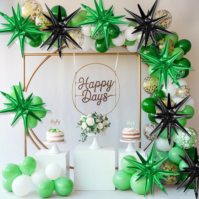 Black Green Star Balloons,9Pcs 22Inch Black Green Explosion Spike Cone Helium Polyester Film Star Foil Balloons for Birthday Anniversary Baby Shower Disco Party Decorations