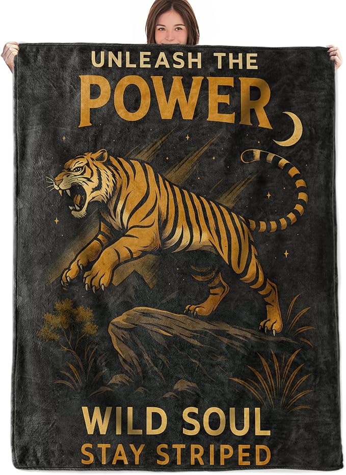 Tiger Power Throw Blanket Gifts for Boys Girls Kids Adults, Animal Flannel Blankets for Travel Sofa Living Room Decor 60"X80"