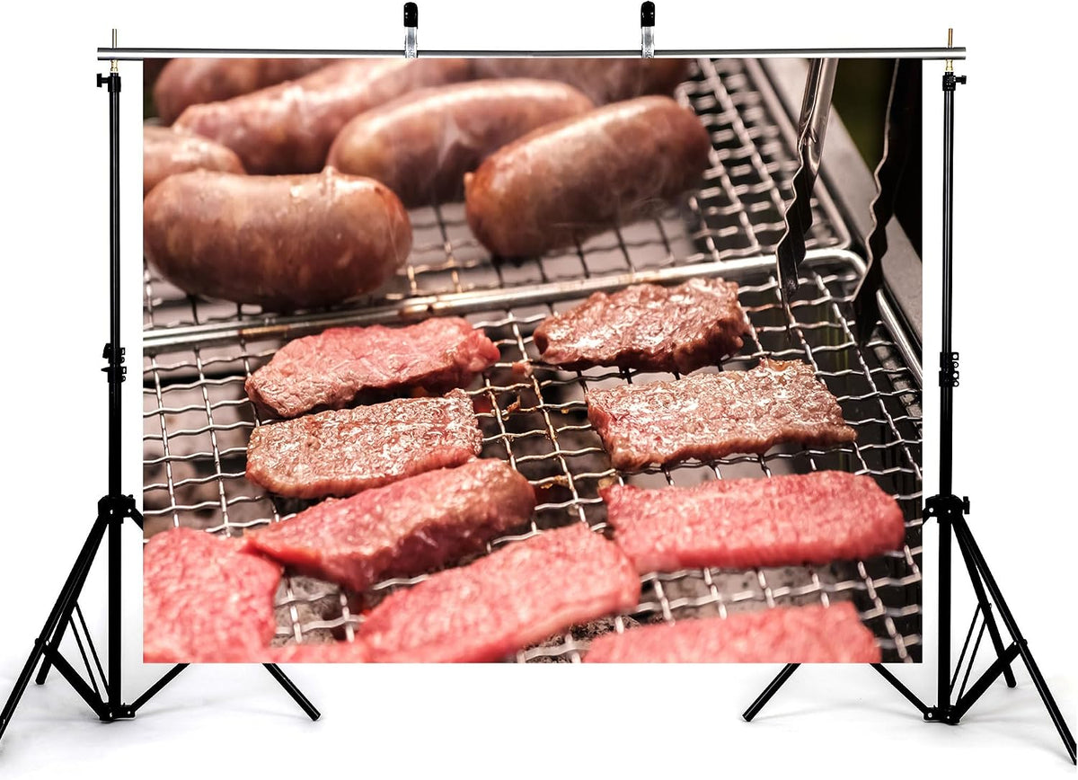 KeyWork 10x10ft Smoky BBQ Meat Assortment Backdrop Sausages Beef Slices Photography Background for Catering Event