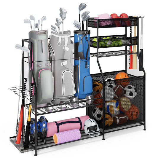 BOEASTER Garage Sports Equipment Organizer,3 Golf Bags Storage Stand,Heavy-Duty Ball Storage Rack with Basket and Hooks,Space-Saving Design for Toy Sports Gear Storage Indoor/Outdoor Use