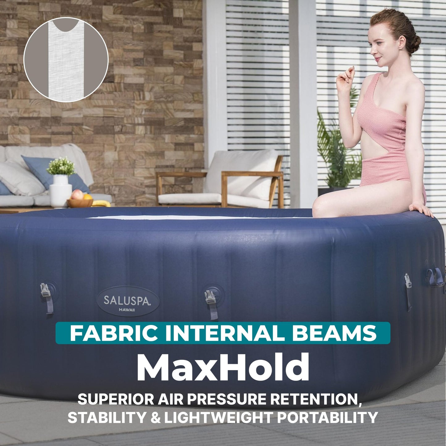 Bestway SaluSpa Hawaii 4 to 6 Person Inflatable Hot Tub, Square Energy-Efficient Portable Outdoor Spa with 140 AirJets, 71" x 28"