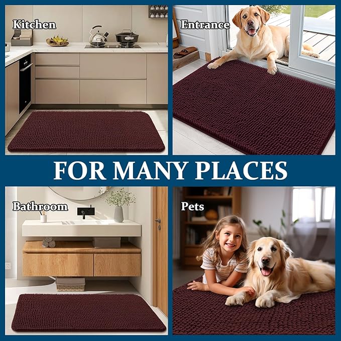 OLANLY Dog Door Mat for Muddy Paws 24x16, Absorbs Moisture and Dirt, Absorbent Non-Slip Washable Doormat, Quick Dry Chenille Mud Mat for Dogs, Entry Indoor Entryway Carpet for Inside Floor, Russet