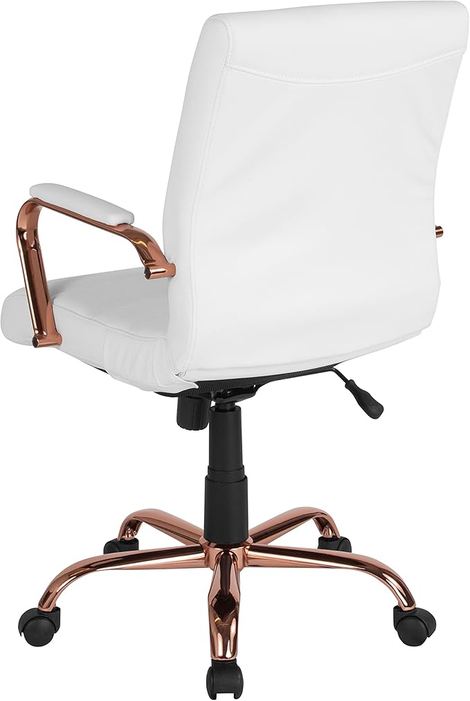 Flash Furniture Whitney Mid-Back Swivel LeatherSoft Desk Chair with Padded Seat and Armrests, Adjustable Height Padded LeatherSoft Office Chair, White/Rose Gold