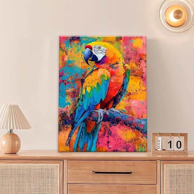 Parrot Wall Art, Graffiti Parrot Pictures Wall Decor, Colorful Birds Canvas Prints, Banksy Animal Painting, Framed Artwork for Bathroom Living Room Bedroom Office Dining Room 24"X16"