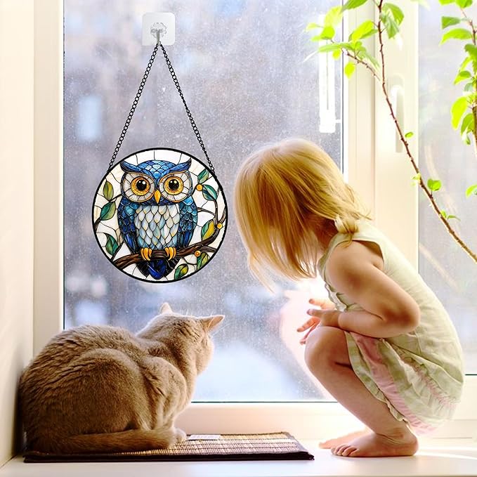 Stained Glass Window Hanging, Owl Gifts for Women Sun Catchers Diamond Glass Panel Hangings Birds Suncatcher Decor for Birthday for Women, Men, Wife, Aunt, and Mom 6.3 in