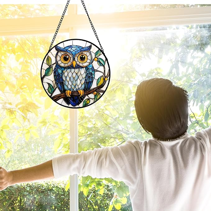 Stained Glass Window Hanging, Owl Gifts for Women Sun Catchers Diamond Glass Panel Hangings Birds Suncatcher Decor for Birthday for Women, Men, Wife, Aunt, and Mom 9.8 in