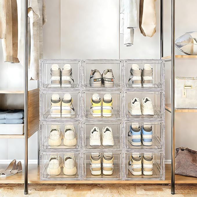 Acrylic Shoe Storage Boxes with Magnetic Door - 360° Clear Stackable Shoe Display Box Set, Plastic Shoe Cabinet Rack Box for Sneakers Heels Shoes (12, Clear, L - Front Open)